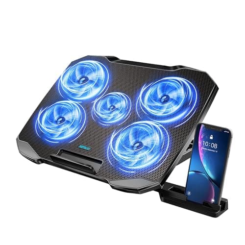 AIMIUZI Tapis de refroidissement pour ordinateur portable, refroidisseur pour ordinateurs portables de 12 à 15,6 pouces, support de refroidissement pour ordinateur portable avec 5 ventilateurs silencieux, 5 hauteurs réglables, 2 ports USB,...
