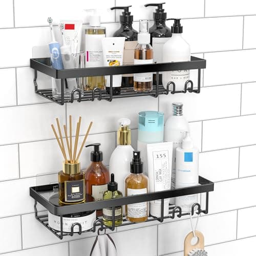 Moforoco Support de rangement pour étagère de douche, panier d'étagères de salle de bain noir auto-adhésif, douche murale de ferme à domicile I...