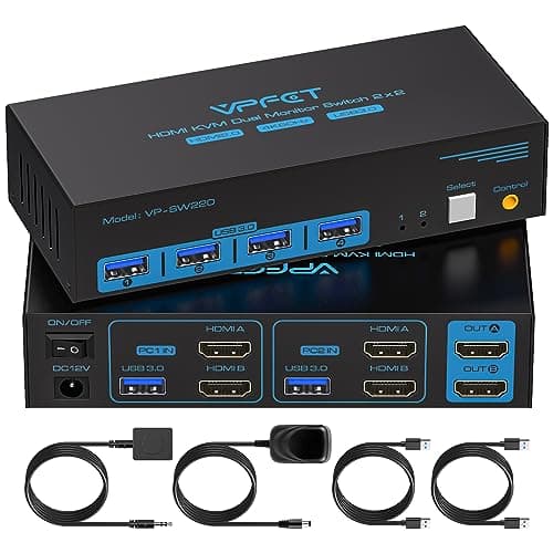VPFET HDMI KVM Switch 2 Monitors 2 Computers 4K@60Hz USB 3.0 KVM Switches Dual Monitor for 2 PC Share 4 USB 3.0 Ports with Wired Controller and DC...