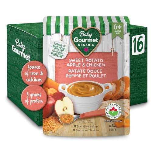 Baby Gourmet Patate douce, pomme et poulet, 16 sachets de 128 ml | 6 mois+ | Repas protéiné biologique | Sans sucre ni sel ajoutés | Marque canadienne