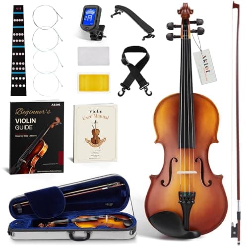 AKLOT Violon pleine grandeur fabriqué à la main : violon en bois massif 4/4, kit de violon acoustique pour débutant avec étui rigide, livre de cours, ...