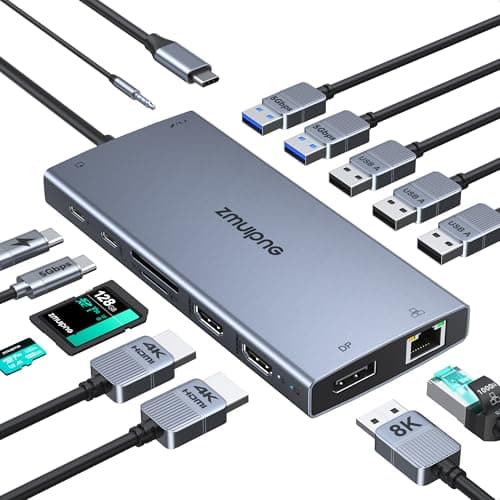 ZMUIPNG Station d'accueil USB C pour ordinateur portable Triple moniteur Adaptateur multiport Hub USB-C 15 en 1 avec double HDMI 4K + DisplayPort 8K + USB A&C...