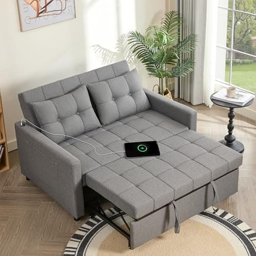 52" Sleeper Sofa with Pull-Out Bed, Set of 3-in-1 Convertible Sofa Bed, Loveseat with Adjustable Backrest and Side Pocket, for Living Room...