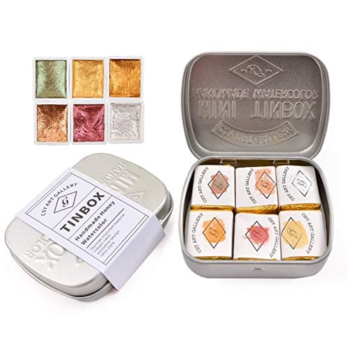 Csy Art Supplies Ensemble de peinture à l'aquarelle faite à la main - 6 demi-casseroles de couleurs or métallisé - Couleur à l'eau unie pailletée - Boîtier en métal scintillant nacré...