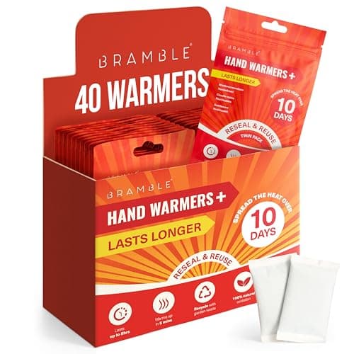 BRAMBLE 40 Hand Warmers Reusable (20 Pairs, 8 Hours Heat Over 10 Days) - Pocket Warmer Pads for Golf, Hiking, Sport