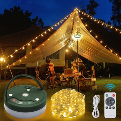 Camping String Lights, Outdoor Camping String Lights with 6 Lighting Modes, 32.8FT USB Rechargeable with Remote Control, IPX4 Waterproof Portable...