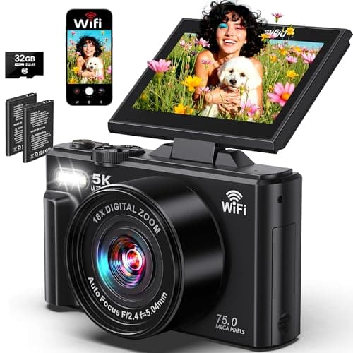 Appareil photo numérique 5K - Appareils photo pour la photographie WiFi 75MP UHD - Caméra de vlogging autofocus pour YouTube avec écran rabattable de 3" à 180° - Caméras vidéo de voyage...
