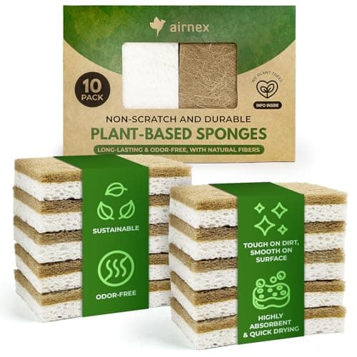 AIRNEX 10 Pack Éponges de cuisine naturelles biodégradables - Épurateurs à vaisselle écologiques en cellulose et noix de coco - Sans odeur, sans rayures, double face...