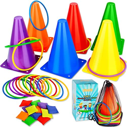 Eocolz Ensemble de jeux de carnaval 3 en 1, cônes en plastique souple, jeux de lancer d'anneaux pour enfants, fête d'anniversaire, jeux de plein air, ensemble combiné de 32 pièces