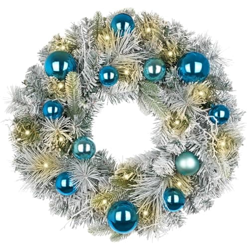 Couronne de Noël blanche de 24 pouces, couronnes d'hiver en pin du Norfolk, nœuds pour porte d'entrée avec boule bleue pour décorations de Noël de cheminée, fenêtre murale intérieure...