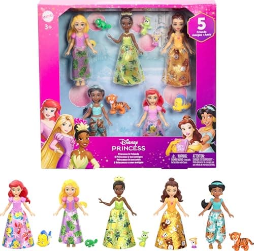 Mattel Disney Princess & Friends - Ensemble comprenant 5 petites poupées mobiles avec jupes ou pantalons amovibles et 5 figurines d'amis, inspirées des films Disney