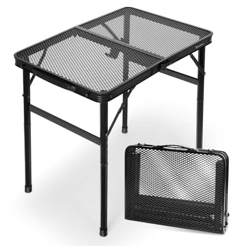 Small Folding Table 60 x 40 cm with Carry Handle, Adjustable Height 27/56 cm, Black Metal Mesh Top, Portable & Compact for...