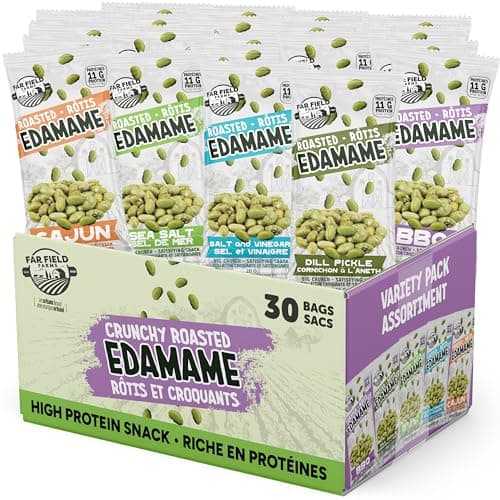 Far Field Crunchy Edamame Variety Pack, 30 bags x 26g, 11g Protein per Serving, Roasted Edamame Healthy High Protein Snack for Adults & Kids,...