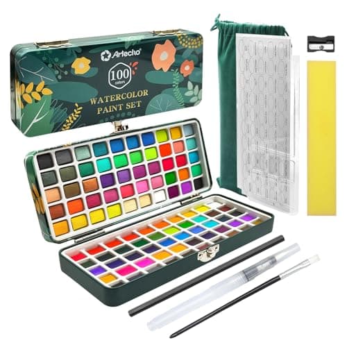 Ensemble de peinture aquarelle Artecho 100 couleurs dans une boîte portable comprenant, ensemble d'aquarelle de voyage avec papiers aquarelle, pinceaux et autres outils, idée pour...