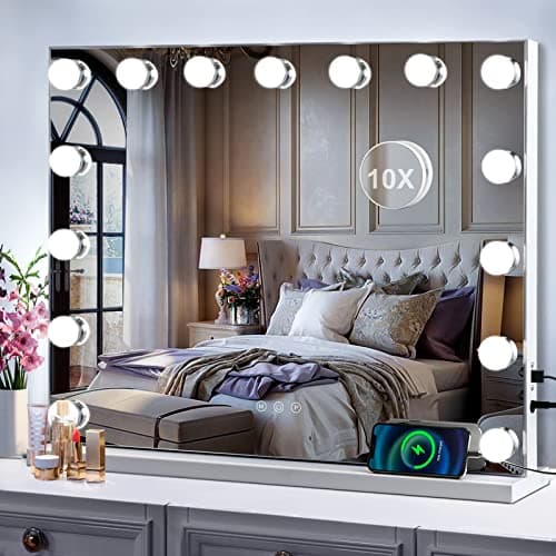 Hollywood Vanity Mirror with Lights, 15 Bulbs 23 x18 Inch Makeup Mirror with Lights with USB Charging and 10x Magnification, Touchscreen 3 Lighting...