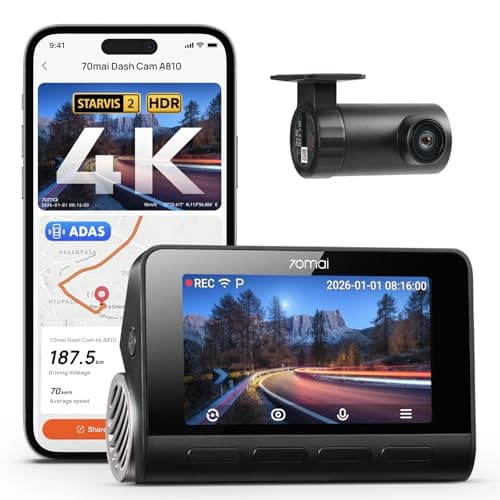 70mai A810 4K Dual Dash Cam Front & Rear, STARVIS 2 HDR Super Night Vision, AI Motion Detection & 24/7 Parking, Built-in GPS, Wi-Fi & APP, ADAS,...