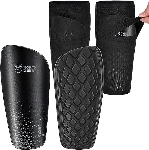 Northdeer Soccer Shin Guards for Kids Adults incl. Sleeves with Optimized Insert Pocket - Protective Soccer Equipment for Boys Girls Men (Black, L)