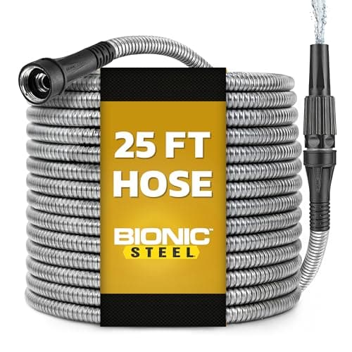 Tuyau d'arrosage en métal en acier Bionic de 25 pieds, tuyau d'eau en acier inoxydable 304 antirouille avec raccords en laiton, tuyau flexible et robuste, léger, plié...