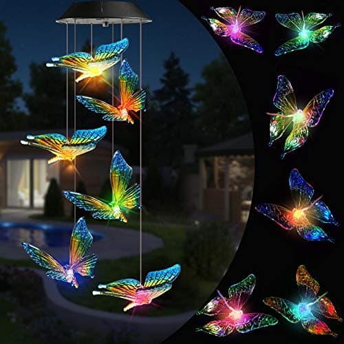 Carillons éoliens solaires Toodour, carillons éoliens solaires papillon à couleur changeante, mobile décoratif à LED, lumières extérieures solaires étanches pour patio, balcon,...