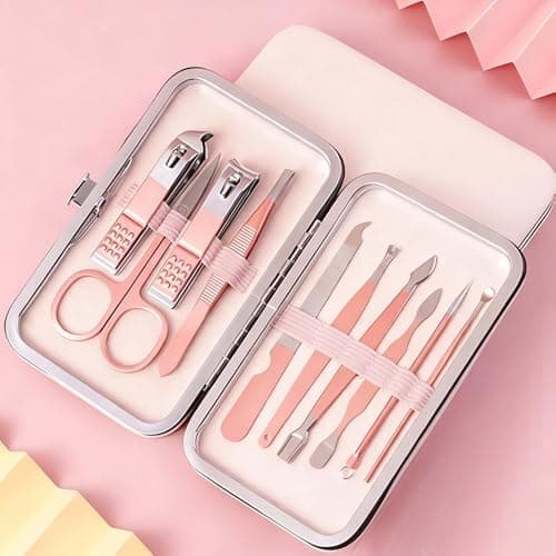 10 in 1 Manicure Set Nail Clippers Stainless Steel for Women - Pedicure Care Tools Grooming kit with PU Travel Case - Pink