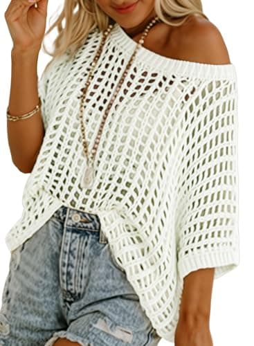 Dokotoo Womens Tops Trendy 2026 Summer Spring Crochet Hollow Out Short Sleeve Sweater Top Loose Off Shoulder Pullover Shirt Lightweight Knit...