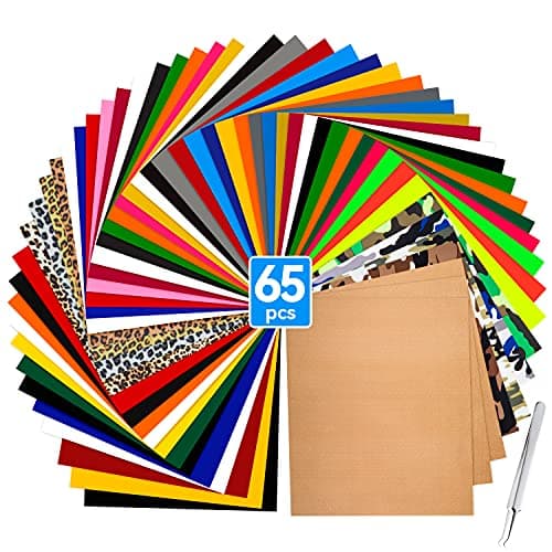 Ohuhu Lot de 65 vinyles de transfert thermique, avec 50 feuilles de vinyle HTV de 20 couleurs assorties, 4 HTV à motif léopard, 4 thermocollants camouflage, 4...