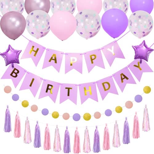 Purple Birthday Decorations for Women Girls,Pink and Purple Party Decorations set with Happy Birthday Banner,Circle Dots Garland,Foil Confetti...