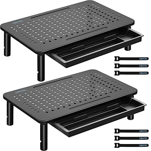 BONTEC Lot de 2 supports de moniteur, 3 supports de moniteur réglables en hauteur pour bureau, support de moniteur d'ordinateur avec plate-forme en maille pour ordinateur portable,...