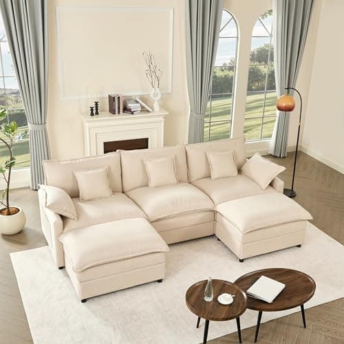 BIGSYY Canapé en forme de U de 108 po, canapé sectionnel modulaire, canapé nuage confortable 3 places avec pouf mobile, canapés à siège profond pour le salon, lin, beige
