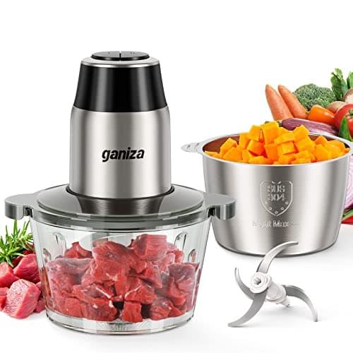Robots culinaires GANIZA, hachoir électrique avec hachoir à viande et hachoir à légumes - 2 bols (8 tasses + 8 tasses) avec puissant moteur en cuivre de 450 W -...