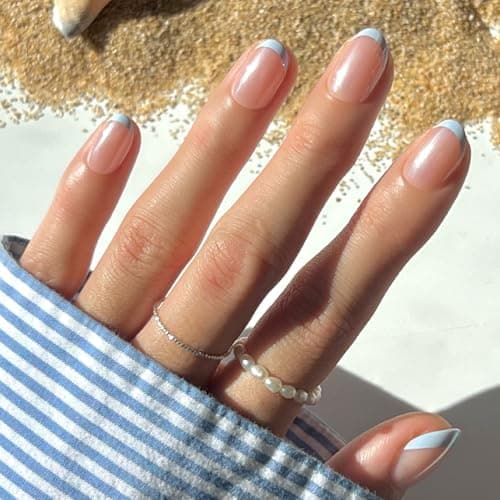 Presse glamnétique sur les ongles - En bleu | Faux ongles ovales courts glacés avec pointes françaises pervenche, ongles d’été réutilisables | 15 Tailles - 30 Kit Ongles...