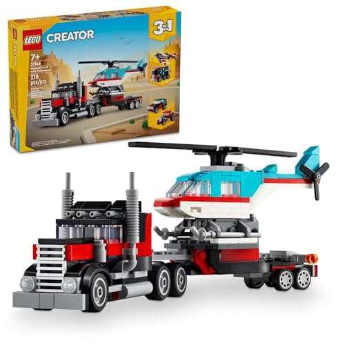 LEGO Creator 3 in 1 Flatbed Truck with Helicopter Toy, Transforms from Flatbed Truck Toy to Propeller Plane to Hot Rod and SUV Car Toys, Gift Idea...