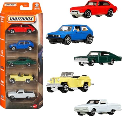 Matchbox Voitures ou camions moulés sous pression à l'échelle 1/64, ensemble thématique de 5 voitures de course ou de sport, véhicules de sauvetage ou de construction et plus encore (les styles peuvent varier)