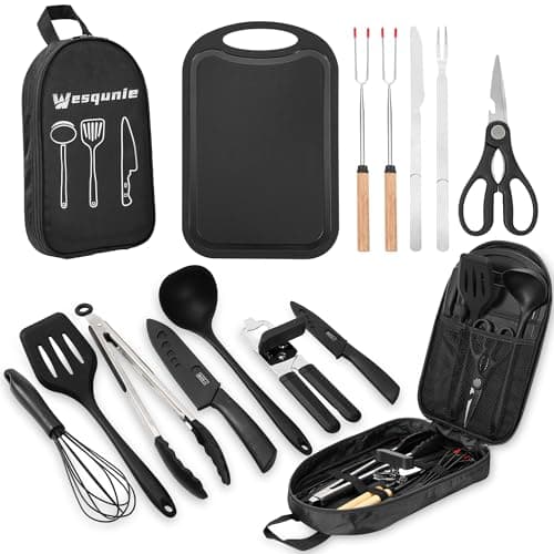 Wesqunie Camping Essentials Cooking Cookware Kitchen Set - Camp Accessories Cook Utensils Kit, Outdoor BBQ Silicone Mess Kit for Backpacking Gear,...