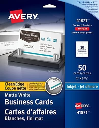 Avery Business Cards, 2" x 3.5" Cards, Clean Edge, White, Matte, for Inkjet Printers, 50 Cards, (41871)