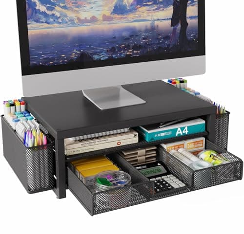 2 Tier Monitor Stand Riser with Drawer & 2 Pen Holders Storage for Desktop, Metal Computer Desk Organizer Stand for Laptop, Computer, iMac(Black)