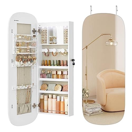 SONGMICS Jewelry Organizer, LED Jewelry Cabinet Wall/Door Mounted, Lockable Rounded Wide Mirror with Storage, Interior Mirror, 10 x 42 x 108 cm,...