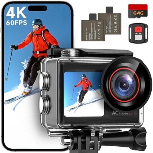 Caméra d'action 4K 60FPS avec conception à double écran, caméra sous-marine, carte mémoire de 64 Go incluse, caméra étanche de 132 pieds, photo 30MP, EIS, zoom 5X,...
