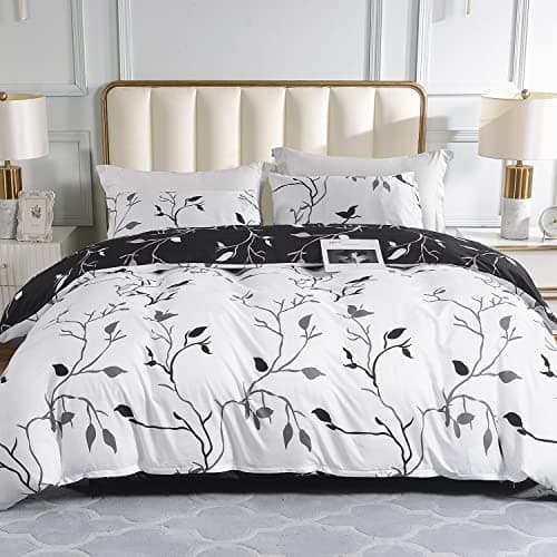 Conworld Reversible Duvet Cover Queen, White Black Tree Branch Pattern Queen Duvet Cover Set 3pc Soft Microfiber Breathable Botanical Bedding Sets...
