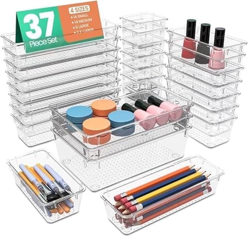 KICHLY Lot de 37 organisateurs de fournitures de bureau en plastique transparent, 4 tailles, organisateur de tiroirs de bureau pour fournitures de bureau, organisateurs de vanité, maquillage, gadgets et...