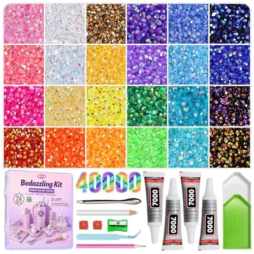 Redtwo 40000Pcs Resin Jelly Rhinestones for Bedazzling, 24 Colors 3mm Flatback Rhinestones, Bedazzling Kit with 4Pcs Jewelry Glue and Tools,...