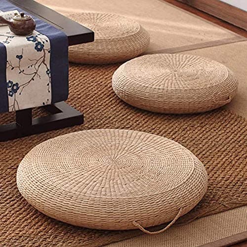 Cranese Futon Seat Cushion,Natural Straw Woven Floor Pillow Outdoor,Round Tatami Floor Cushion Sitting,Handmade Meditation Cushion,for Yoga Room...