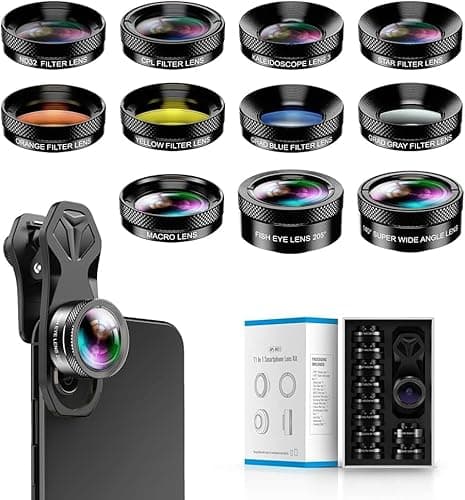 Kit d'objectif d'appareil photo de téléphone MIAO LAB 11 en 1 - Objectif grand angle et objectif macro + objectif Fisheye/ND32/kaléidoscope/CPL/objectif couleur compatible avec iPhone Samsung...