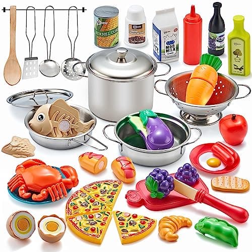 Kidsciety Pretend Play Kitchen Accessories, 52pc Kids Kitchen Playset with Play Food, Stainless Steel Cookware, Kitchen Toys Pots and Pans, Toddler...