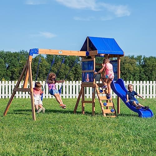 Backyard Discovery Aurora Swing Set, Covered Upper Deck with Vibrant Blue Awning, Slide with Rails, Rope Swings, Upper Clubhouse with Mesh Panels...