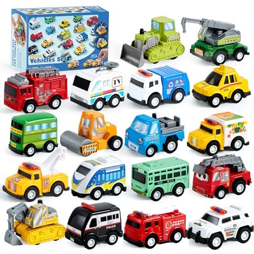 JOYIN 18 Pcs Pull Back City Cars and Trucks Toy Vehicles Set, Friction Powered Cars Toys for Toddlers, Easter Basket Stuffers, Party Favors for...