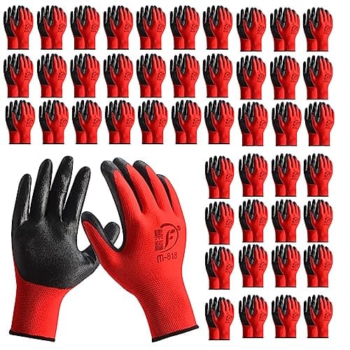 48 Pairs Gardening Gloves for Men Women Rubber Coated Breathable Large Garden Construction Gloves Men Safety Work Gloves, Black & Red