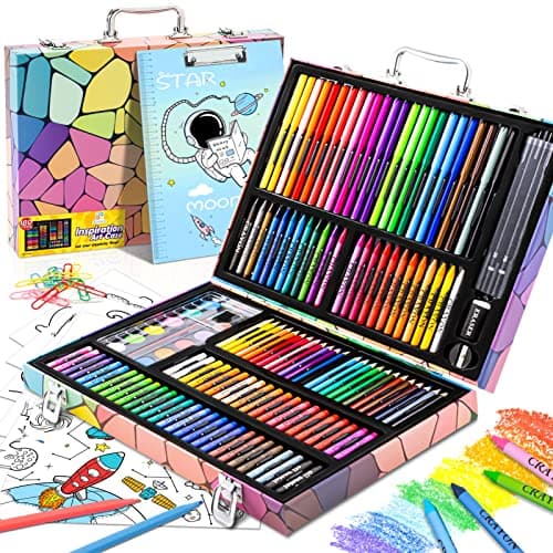Ensemble d'art, kit d'art de peinture de dessin de 180 pièces, cadeaux pour enfants filles garçons adolescents, étui de fournitures d'art avec presse-papiers, papiers de coloriage, papiers à dessin,...