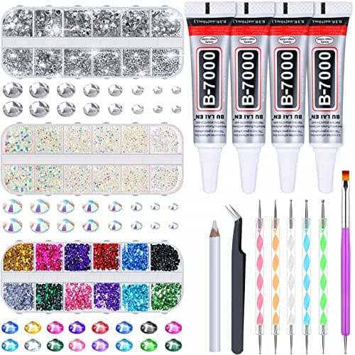 Colle à bijoux B7000 avec strass pour vêtements, 4500 pièces de strass artisanaux avec colle à strass transparente pour tissu avec crayon à cire et...