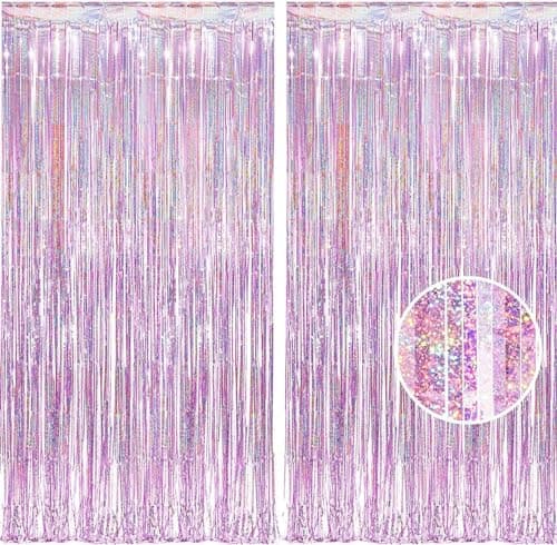 BRAVESHINE Pink Glitter Tinsel Foil Fringe Curtain - 2 Pcs 3.2x8.2 ft Metallic Party Supplies for Girl Princess Birthday Unicorn Bachelorette...
